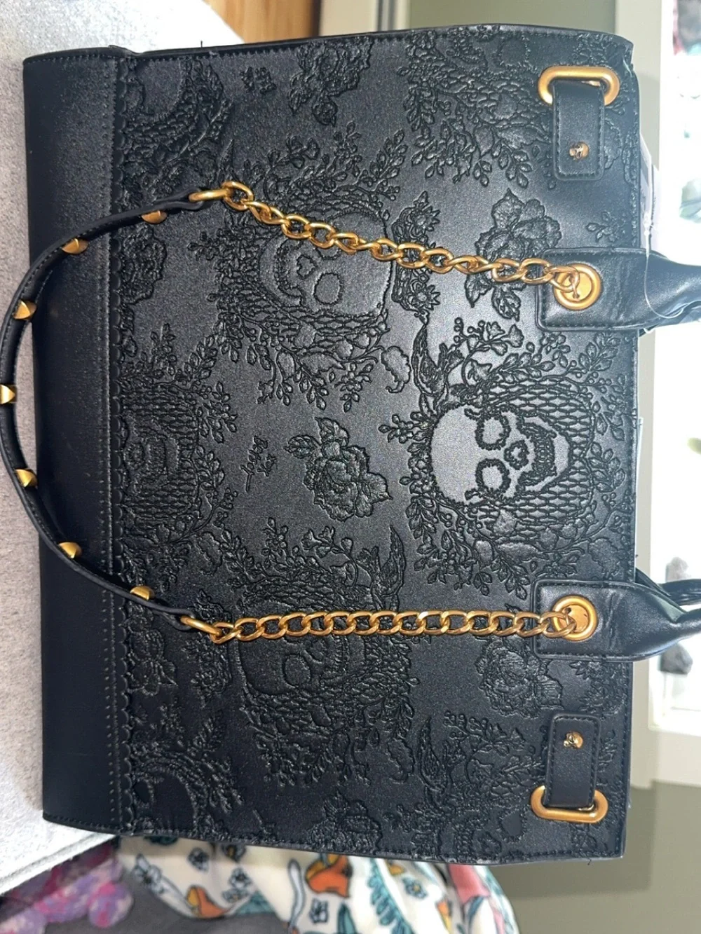 Betsey Johnson Black Skull & Floral Embossed Floral Bag w/Gold Chain.